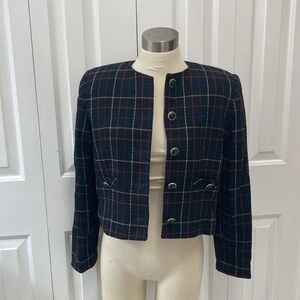 90s Private Concepts Jacket 5 Button Front Black Plaid Wool Blend Gently Size8